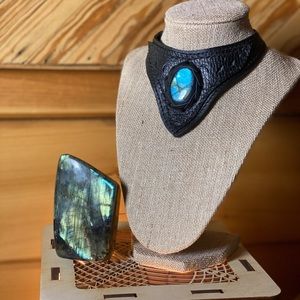 Labradorite and leather statement necklace